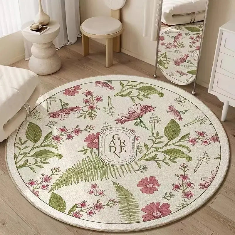 tapis rond fleuri polyester pastoral beige rose vert blancextérieur chambre salon
