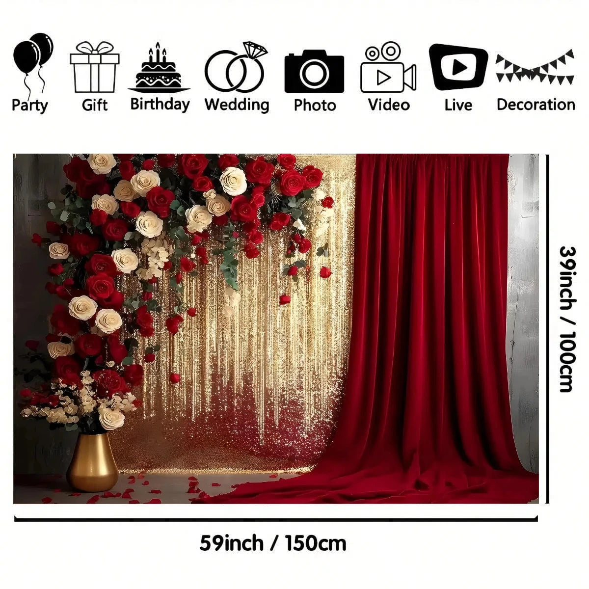 rideau rouge sequins moderne fleurs artificielles mariage anniversaire terylene 100x150cm 150x210cm 180x230cm 210x300cm