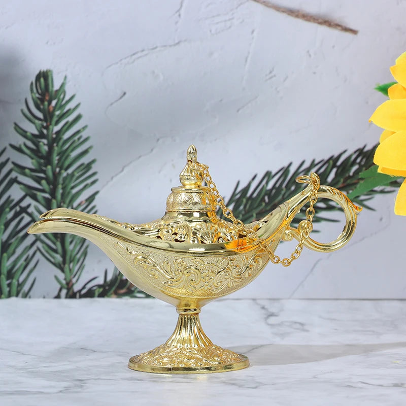 lampe huile bronze ornements floraux artisanale chaîne support traditionnelle métal