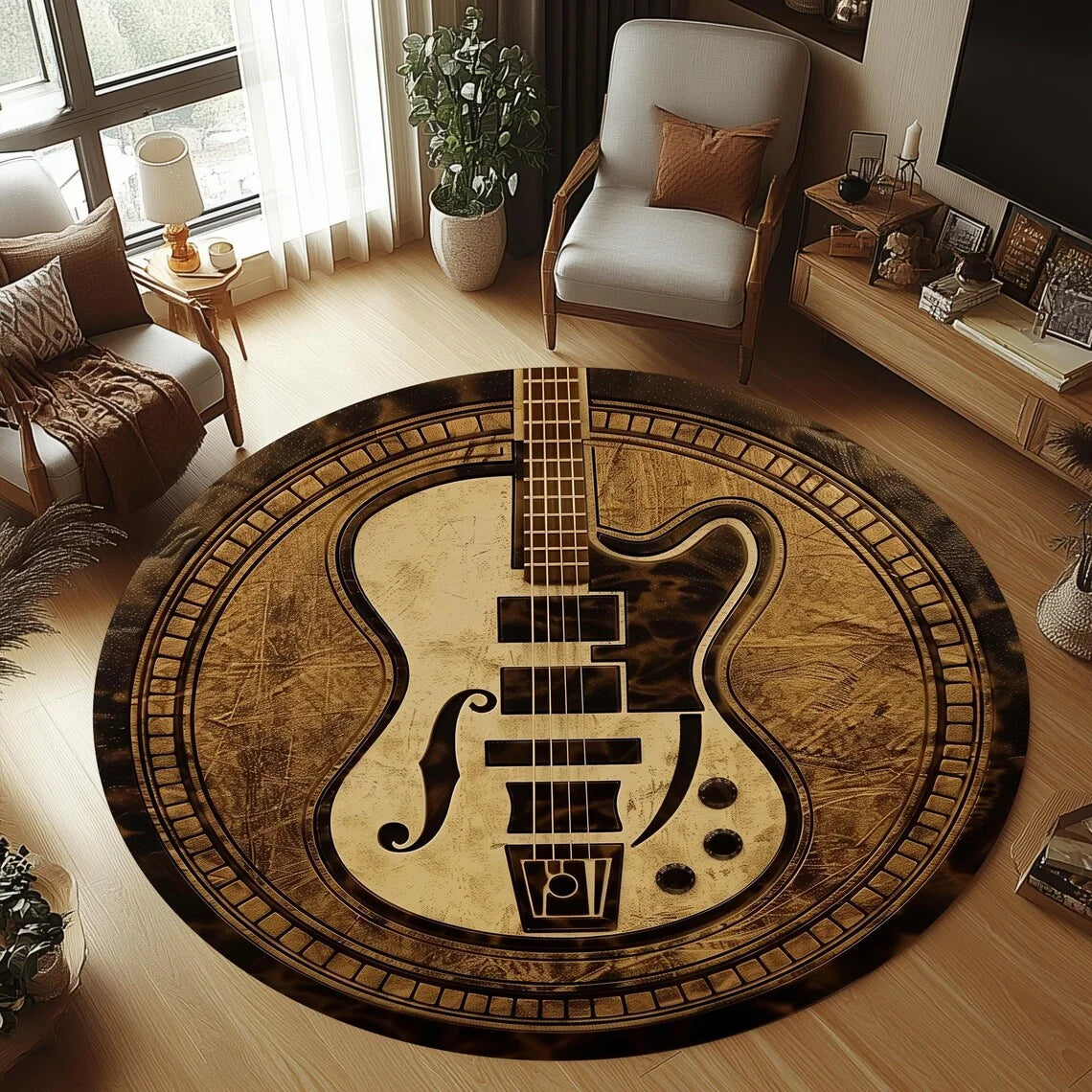 tapis rond guitares vintage antidérapant doux salon chambre enfant motifs musicaux bohèmes polyester