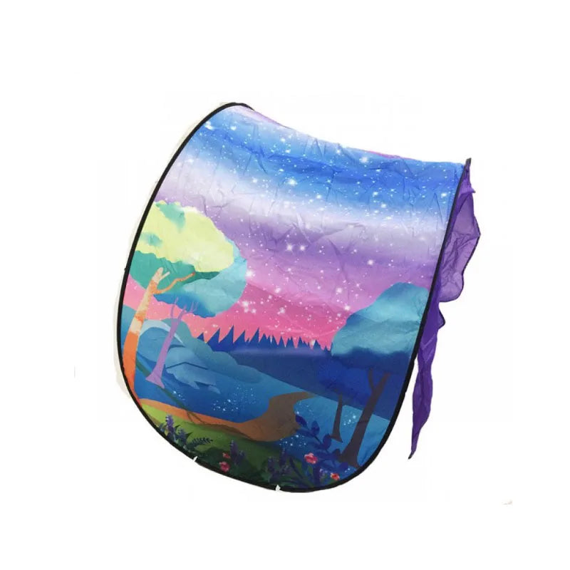 tente pliable enfantine paysage fantastique violet bleu noir blanc vert orange rose gris stars