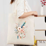 sac main toile imprimé floral plumes coeurs boho chic poignées réutilisable environnement beige clair