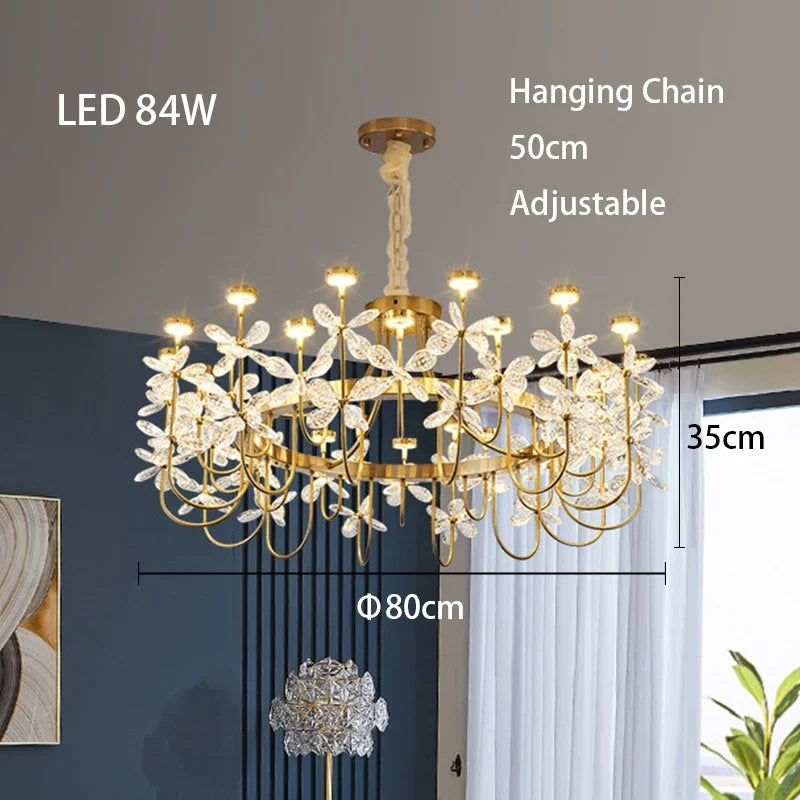 lustre or cristal transparent fleurs classique suspension chaines led moderne