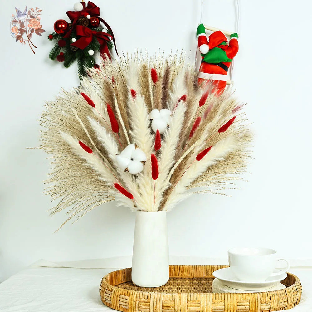 Bouquet fleurs séchées pampas blanche rouge décoration maison anniversaire boho festive