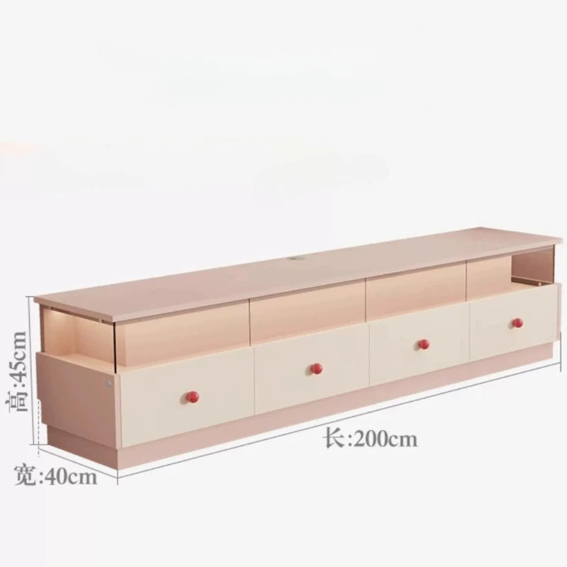 meuble tv moderne rose clair blanc tiroirs vitrés figurines décoratives table basse ludique enfants