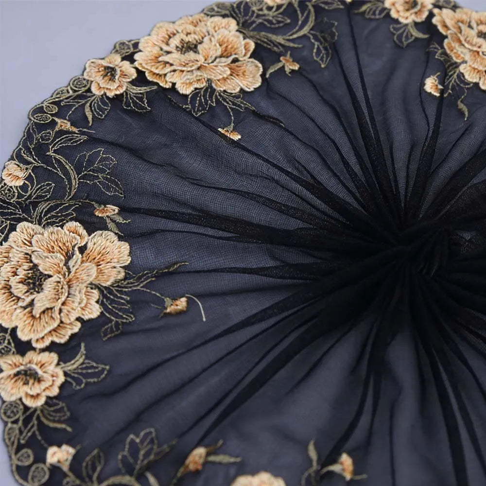 tissu dentelle motif floral doré polyester élégant noir opacité couture robe décoration artisanale