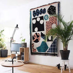 tapis abstrait géométrique polyester coton bleu vert rose motifs contemporains portable pique nique voyage