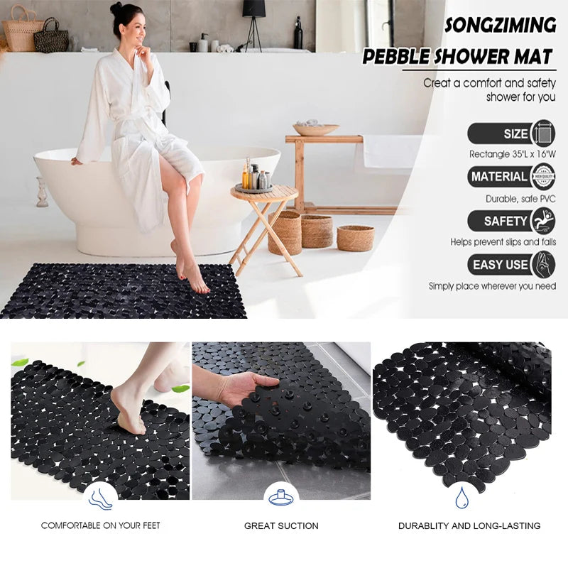 tapis douche antidérapant pebbles moderne noir blanc gris salle bain ventouses pvc respectueux environnement