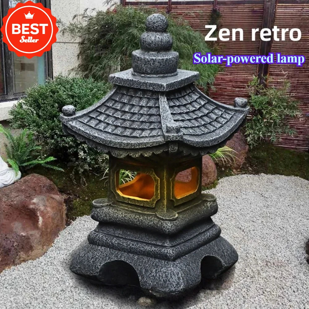 lanternes solaires décoratives japonais traditionnel gris foncé lumiere orangée aspect pierreux zen retro