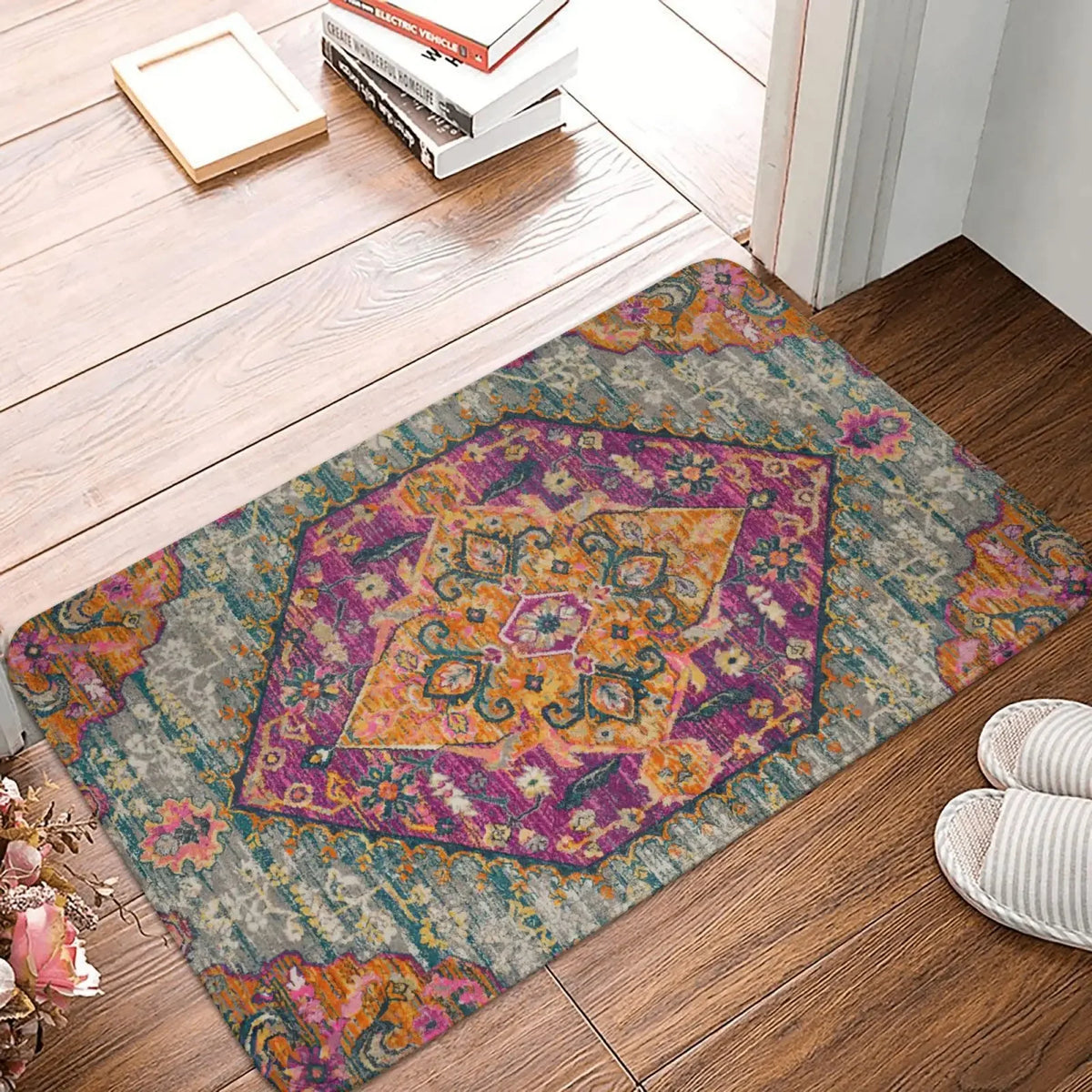 tapis ethnique traditionnel rouge bleu beige antidérapant intérieur extérieur doux porte sol cuisine