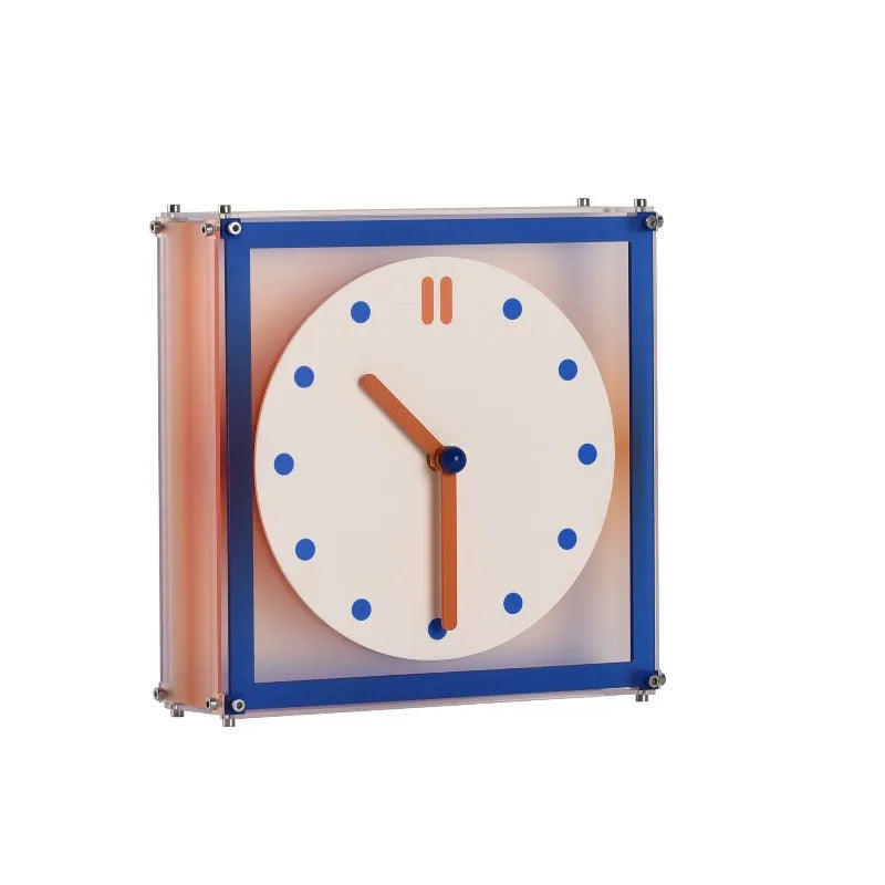 horloge murale double face moderne cadre transparent bleu orange aiguilles marron cadran blanc points