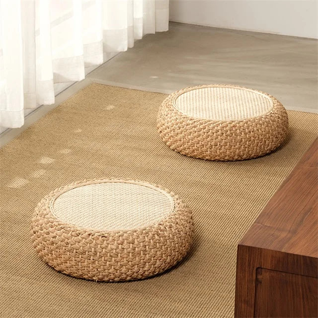 coussin sol rond tissé main paille mousse pu anti décubitus opaque rustique beige brunclair