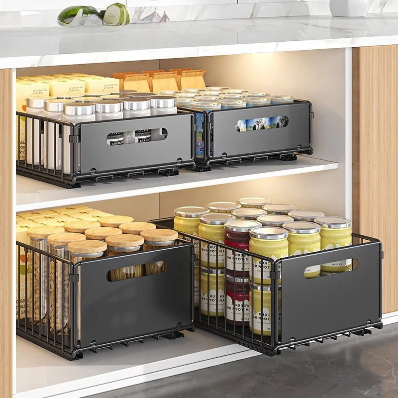 paniers rangement acier inoxydable noir clips moderne organisation cuisine pots épices consignes tiroirs extractibles