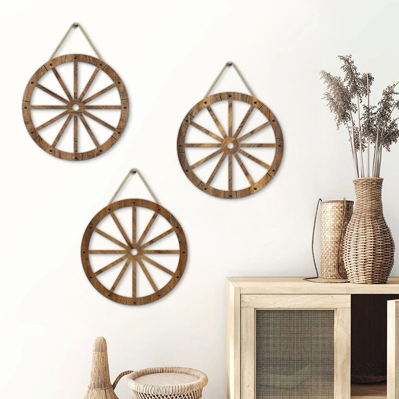 roues chariot bois vieilli décorations murales rustiques suspension cordes jute vintage champêtre
