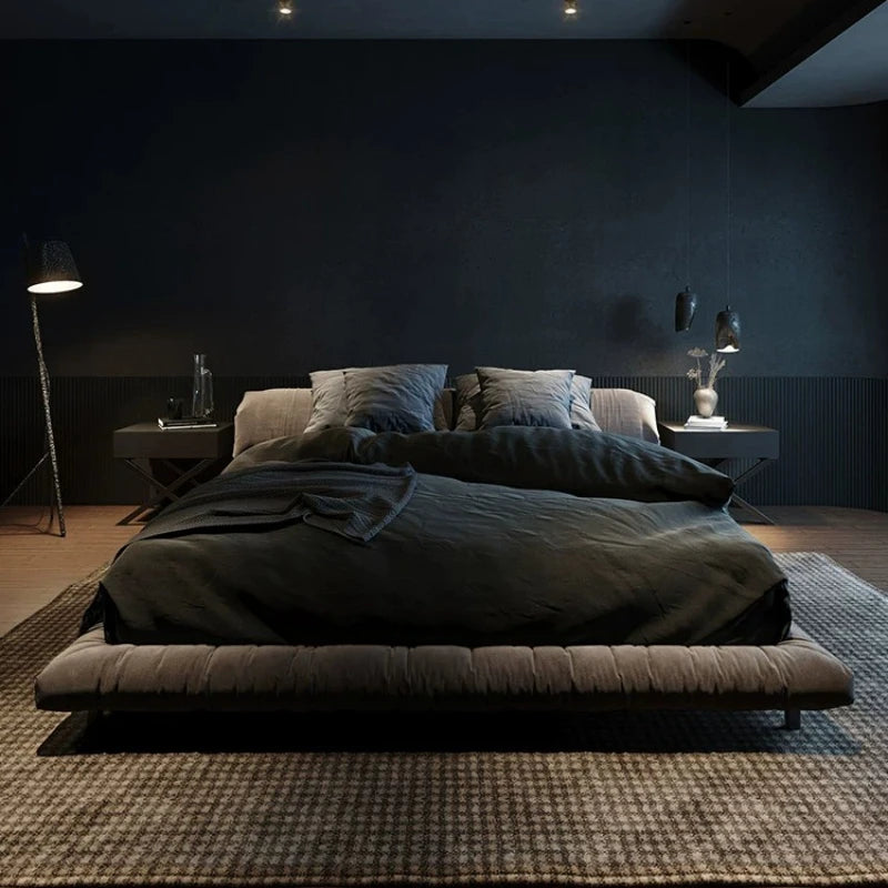 lit moderne minimaliste bois gris tissu storage master bedroom