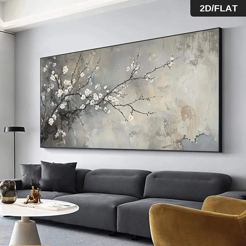 toile peinte fleurs blanches abstrait moderne gris blanc salon grande taille horizontal