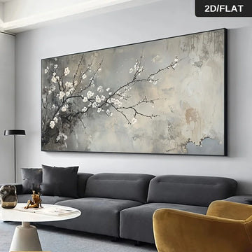 toile peinte fleurs blanches abstrait moderne gris blanc salon grande taille horizontal