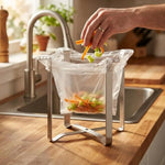 organiseur cuisine support sac poubelle acier inoxydable moderne minimaliste évier restes alimentaires transparent