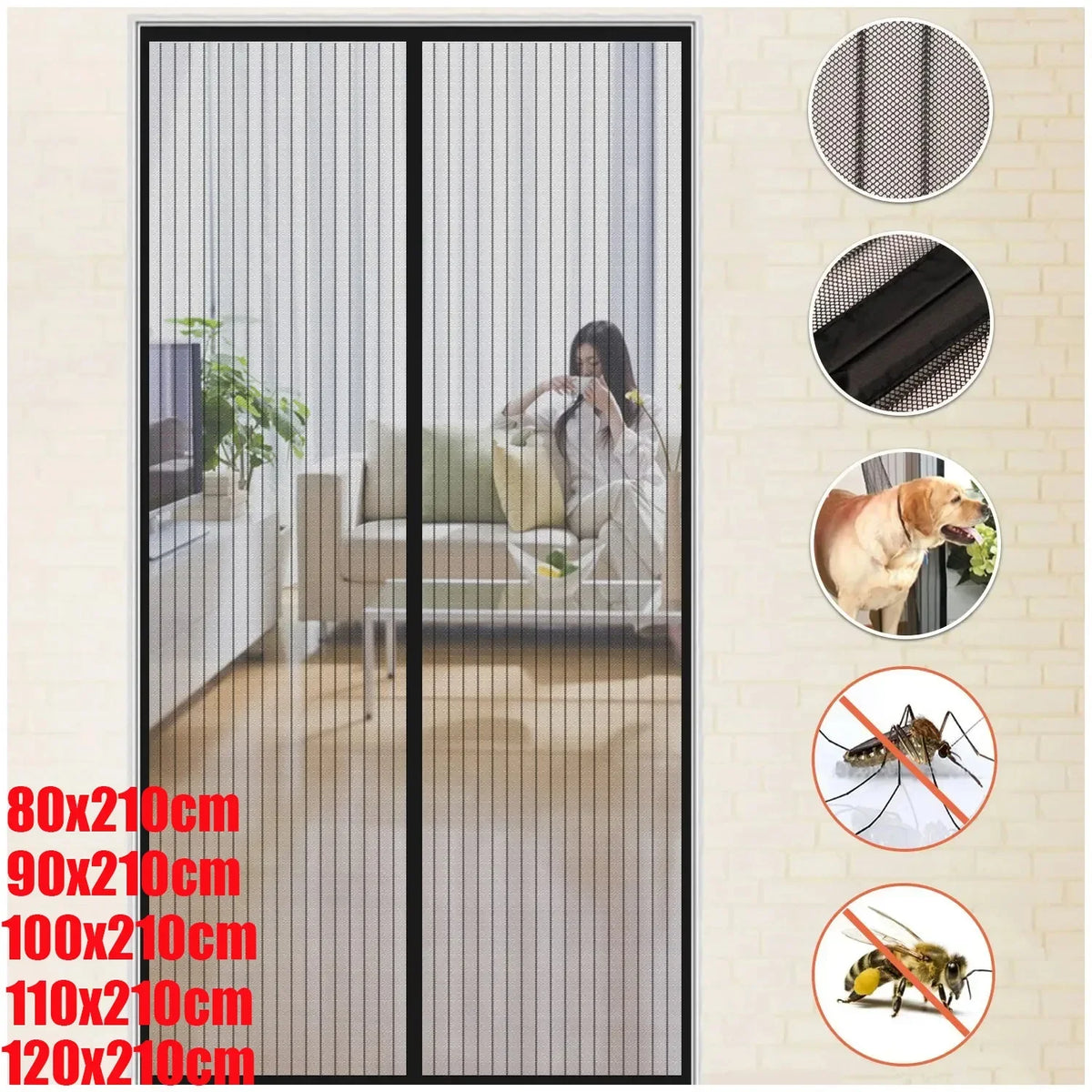 rideau porte magnétique noir maille fine moderne anti insectes pliable polyester