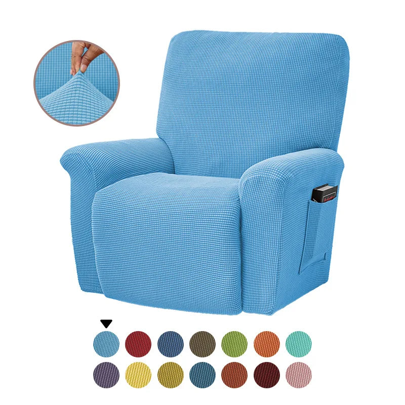Housse fauteuil inclinable bleu noir gris jacinquée extensible moderne poche adhésif lavage machine