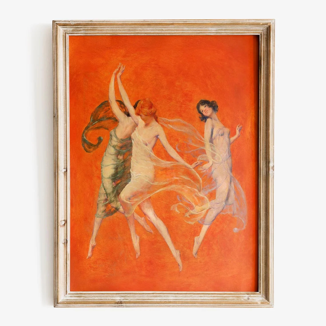 tableau peinture huile cadre bois doré figures féminines orange vif art nouveau moderne