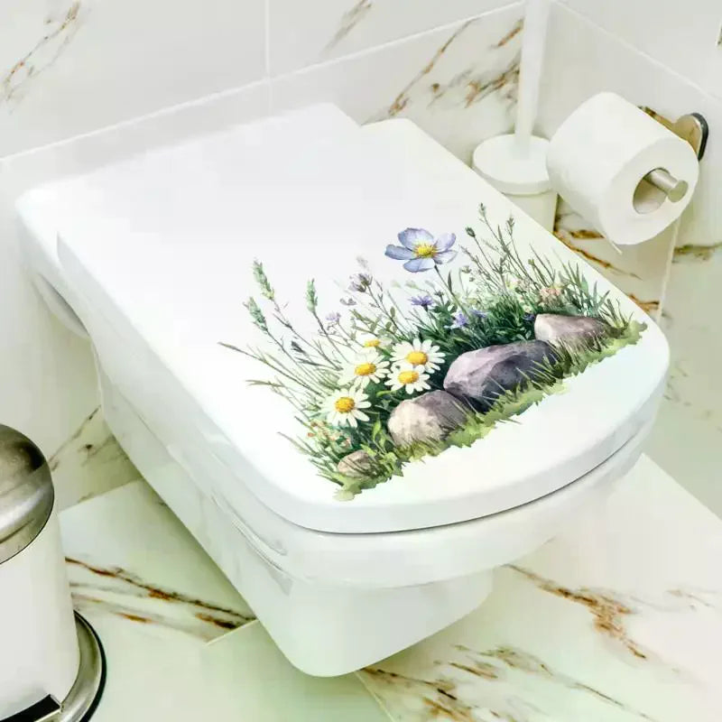 cache wc adhésif fleurs pivoines marguerites tulipes blanc classique salle bain autocollant