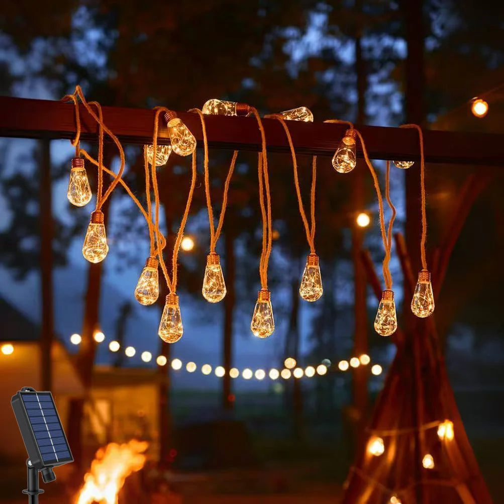 guirlande lumineuse solaire transparente 16 ampoules tulipe vintage corde naturelle clipsextérieur