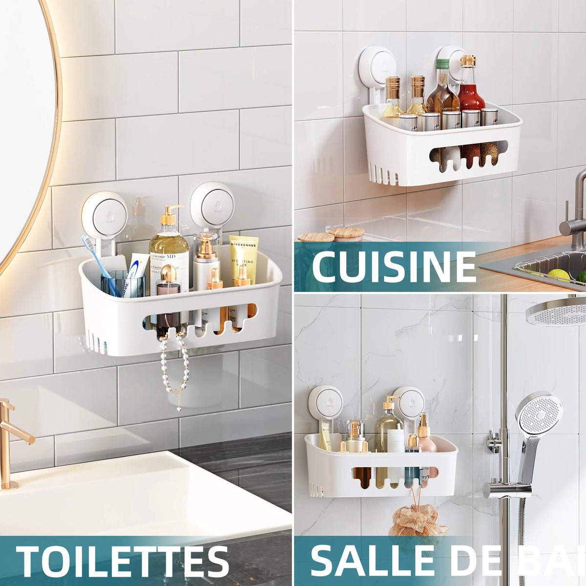 organisateur mural blanc panier crochets ventouses carreaux salle bain minimalistestyle