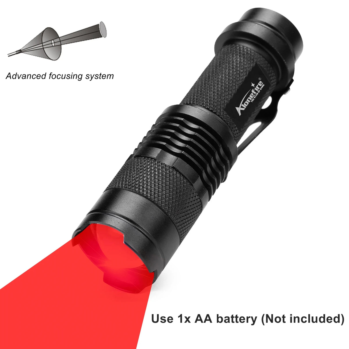 lampe torchon rouge lumiere intense résistante choc mode zoom texturée moderne clip inclusion