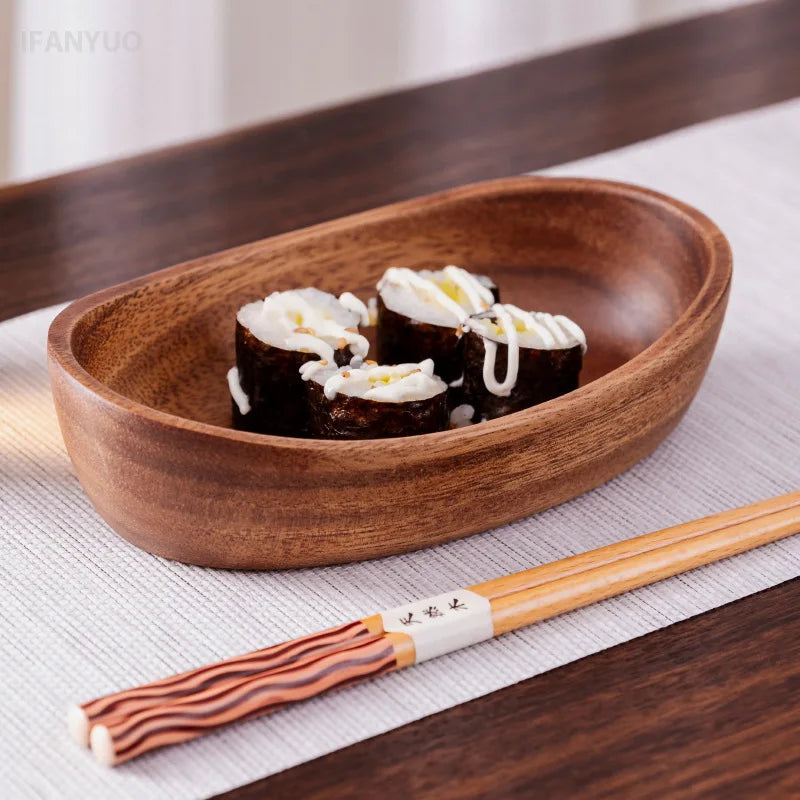 assiettes ovales bois marron foncé sushi plate rustique naturel tableware cuisine