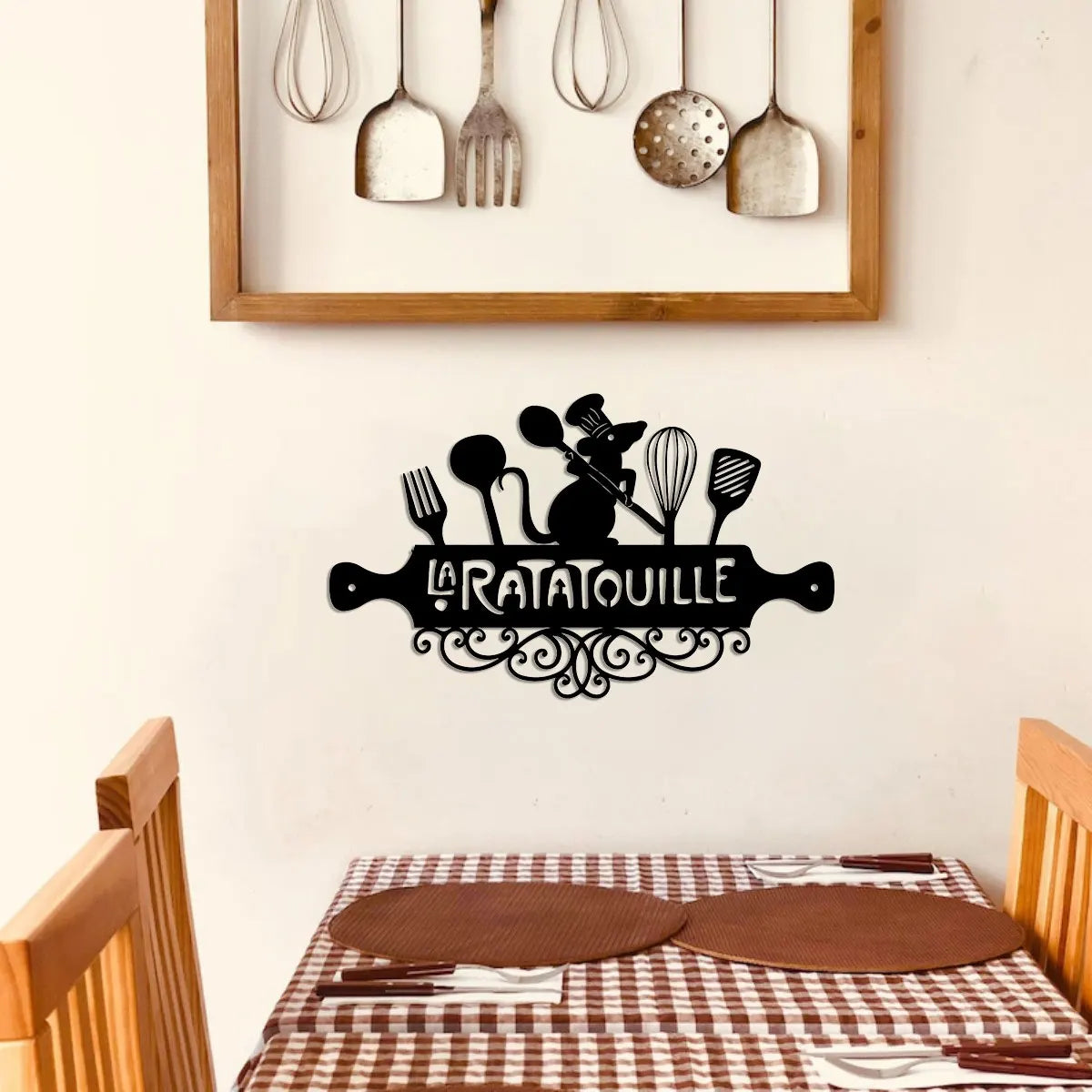 plaque murale décorative artisanale souris cuisine ustensiles noir adhésif moderne couteau fourchette spatule cuillère