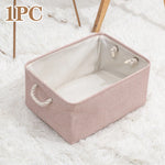 paniers rangement toile lin gris bleu rose beige pliables réutilisables moderne rustique poignées corde