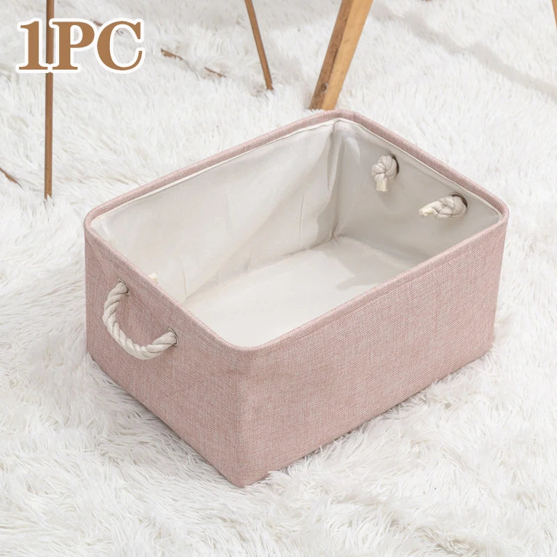 paniers rangement toile lin gris bleu rose beige pliables réutilisables moderne rustique poignées corde
