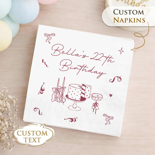 serviettes jetables personnalisées anniversaire gâteau rubans coeurs blanc rouge festive graphique