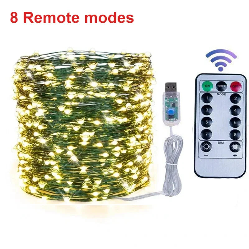 guirlande lumineuse led noel 5m 10m 20m fil cuivre vert moderne télécommande usbDecorationNoelBatterieSèche