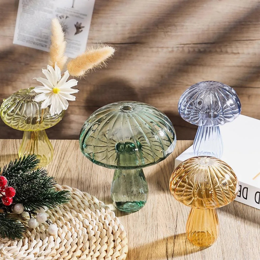 vases champignon moderne transparent rayures verticales marron rose vert rouge bleu orange