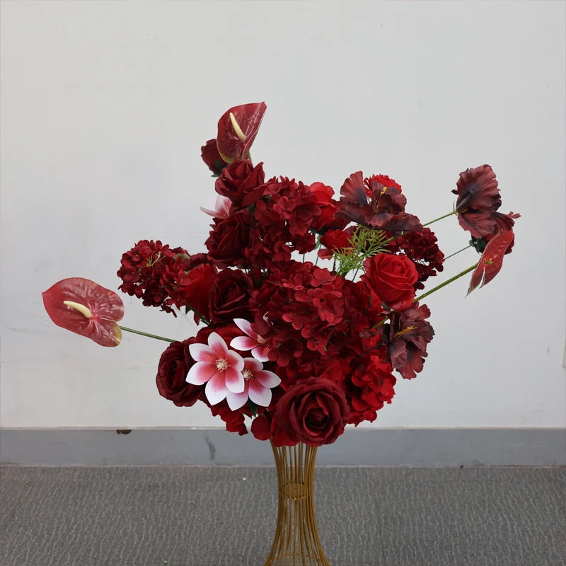 décoration maison arrangement floral artificiel rouge roses hydrangéas anthuriums anniversaire mariage