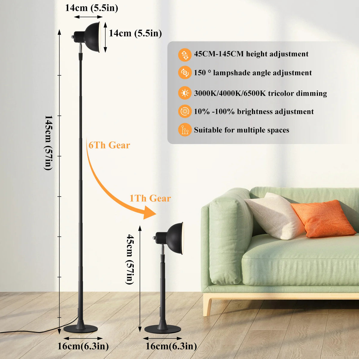 lampe sol table combinée orange noir moderne réglable 45 145cm interrupteur câble usb