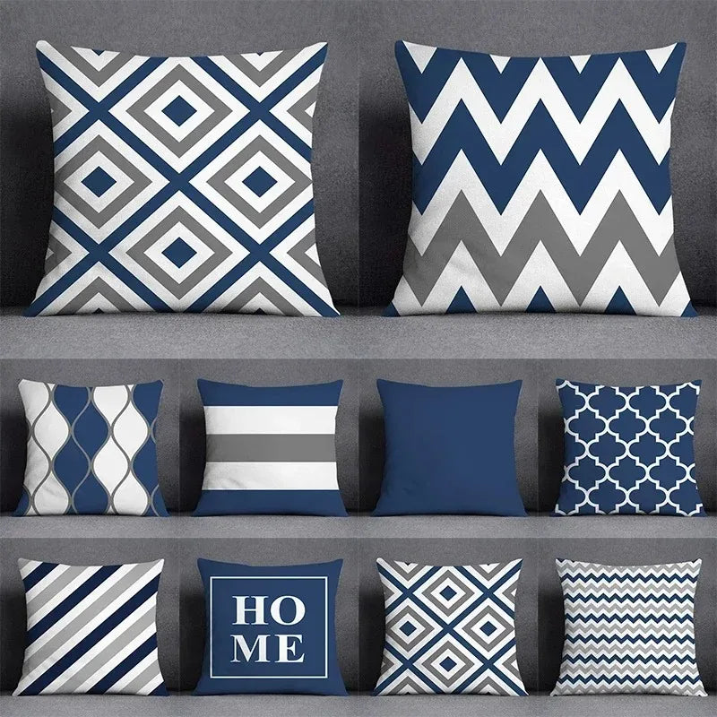 taies d'oreiller géométriques polyester bleu gris moderne maison 45x45cm non toxique respectueux environnement