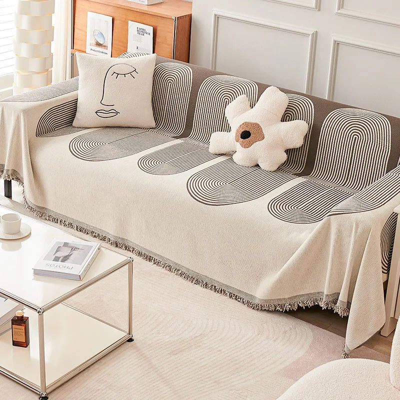 couverture canapé moderne rayures horizontales franges beige crème gris clair salon intérieur