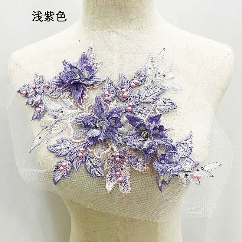 applique textile fleurs brodées strass violet rose noir 30x21cm coudre écolomanuelfait