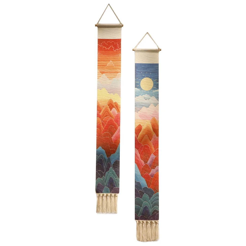 tenture murale bohème paysage montagnes soliel coton orange rouge bleu beige blanc minimaliste