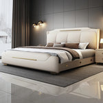 lit double moderne rembourré simili cuir rangement table chevet blanche
