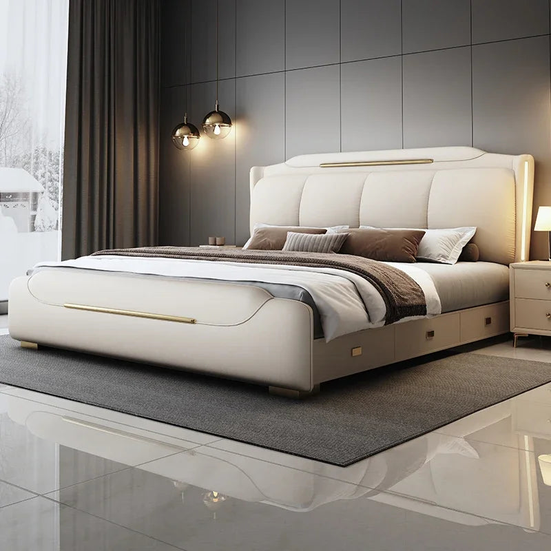 lit double moderne rembourré simili cuir rangement table chevet blanche