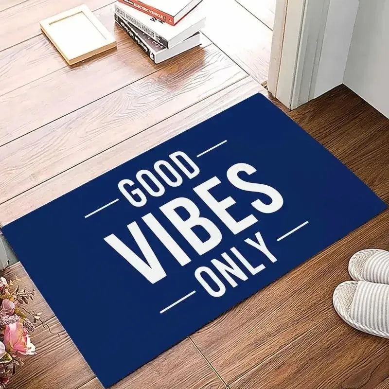 tapis moderne antidérapant good vibes only noir bleu marine gris foncé salon entrée polyester