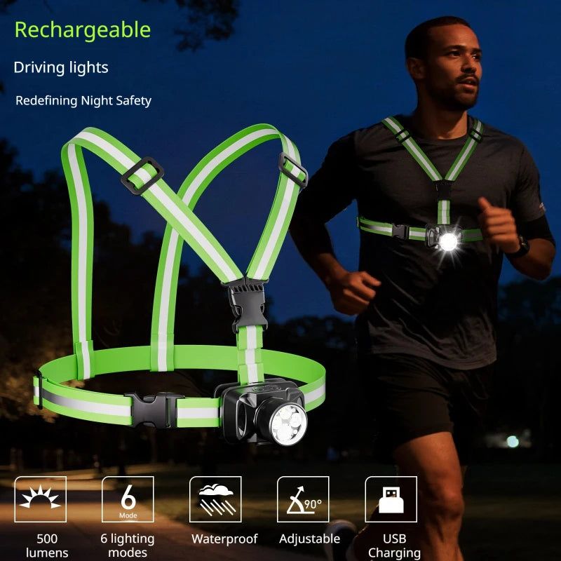 lampe torche frontale rechargeable vert fluo bandes réfléchissantes boucle ajustable modes lumière sportive moderne