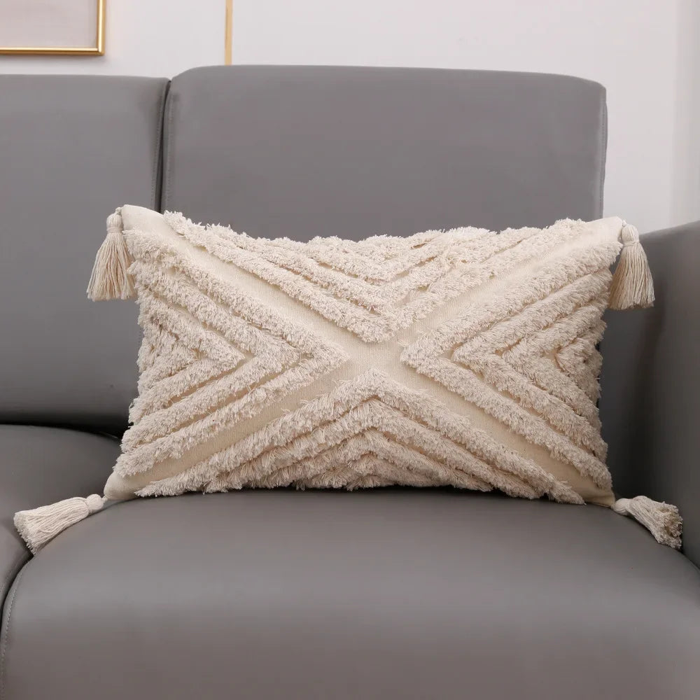 coussin carré géométrique blanc boho chic franges opaques décoration maison voiture