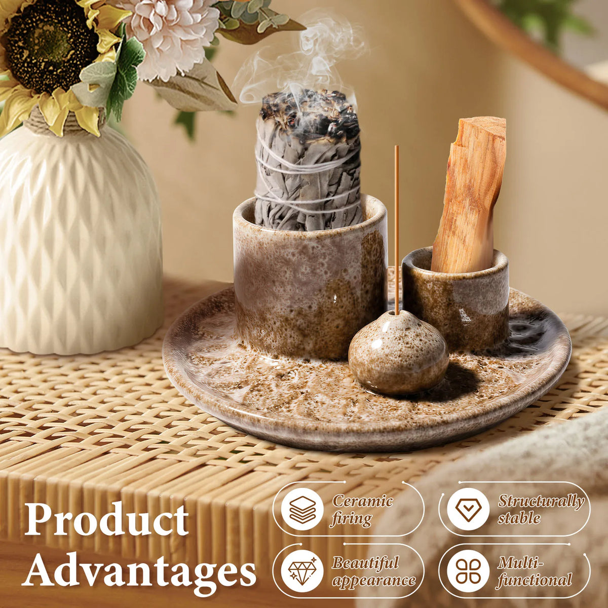 brûleur encens céramique rustique support palo santo sauge decoration maison artisanal moderne