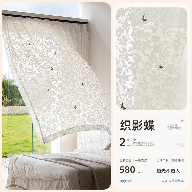 rideau blanc transparent motif papillon fleurs moderne élégant fenêtre salon maison