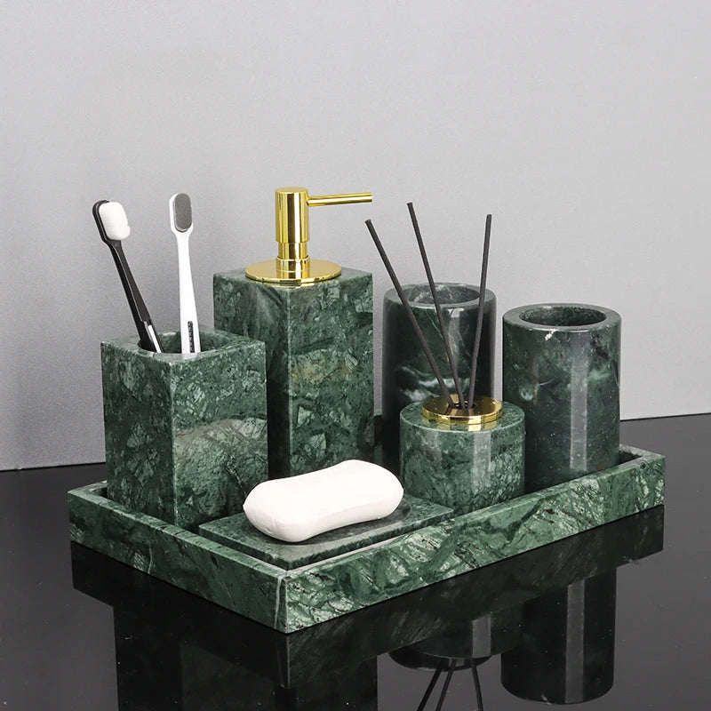 ensemble salle bain marbre vert doré distributeur savon porte brosse dents plateau rangement
